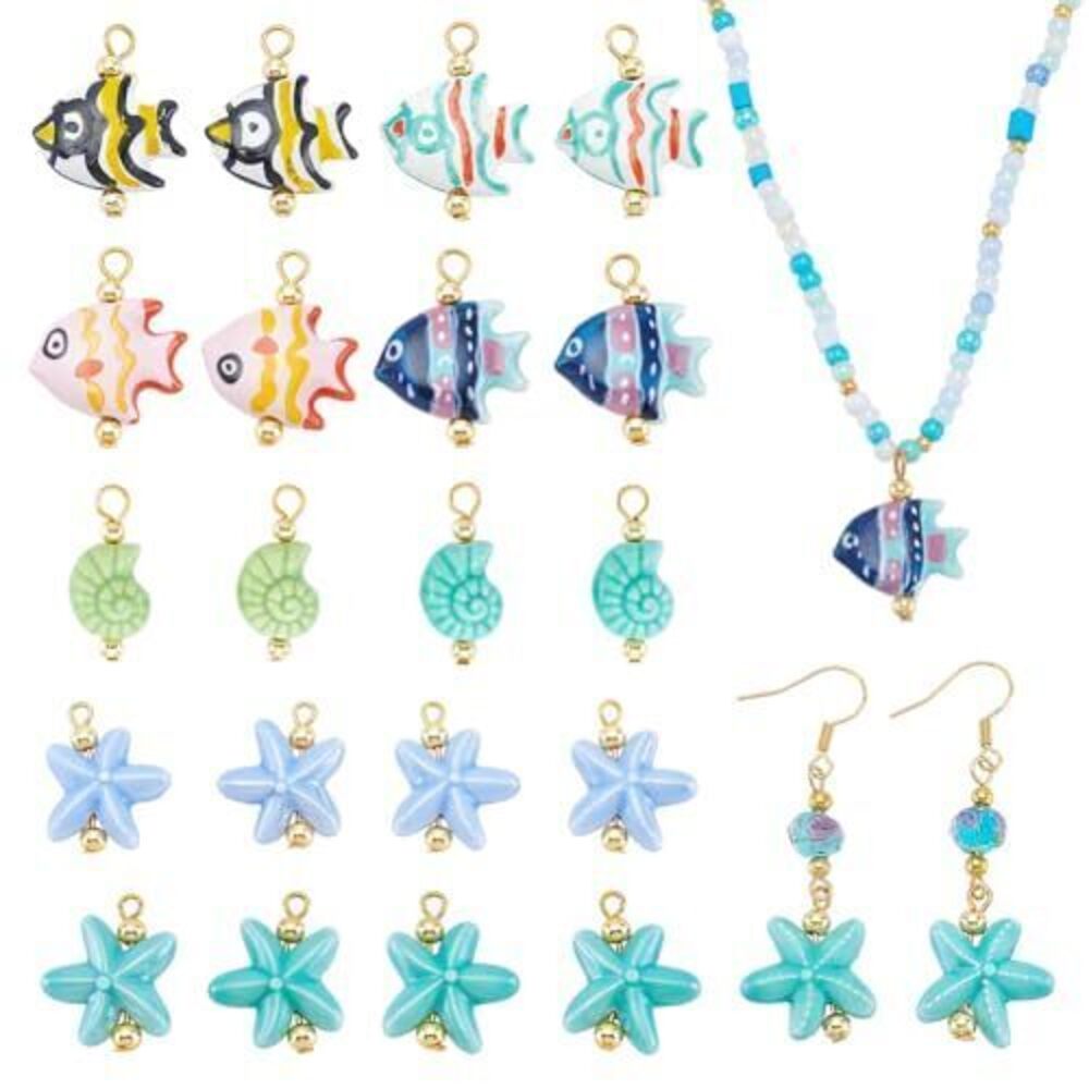 5494 20 Pcs Ocean Theme Ceramic Charms, Tropical Fish Starfish Conch